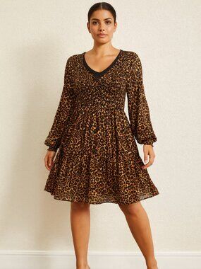 Melissa Paige Leopard Print Long Sleeve Smocked Tunic Dress Medium